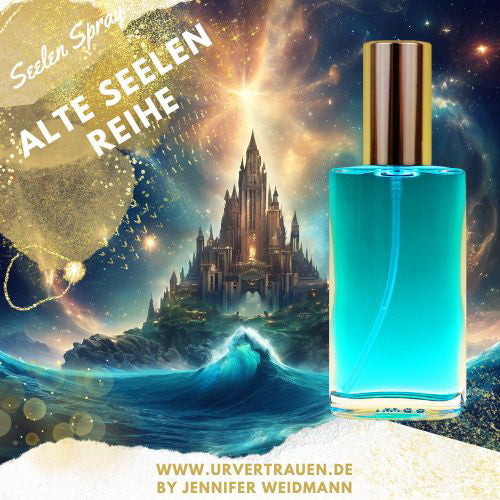 Kategoriebild Alte Seelen Reihe mit der Stadt Atlantis im Meer und einem leuchtenten Universum HIngertrund im Vordergrund das Seelen Spray Atlantis in türkis