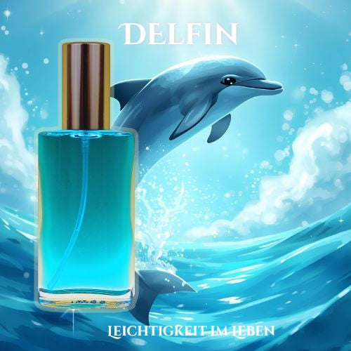Produktbild mit einem mystischen Delfin, der aus türkisfarbenem Wasser springt – Symbol für Freiheit, Spielfreude und Lebensfluss.
