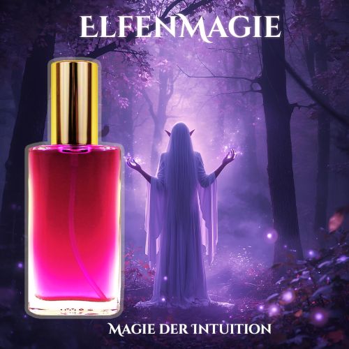 Elfenhafte Gestalt mit leuchtenden Händen im violett-magischen Wald – Symbol für Intuition, Zwischenwelten und feinstoffliche Magie.