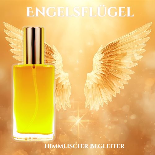 Sanftes Produktfoto des Engelsflügel Seelen Sprays in hellem Orange, eingebettet in eine warme, leuchtende Szene mit zartem Licht und Engelsflügeln im Hintergrund. Das Bild strahlt Geborgenheit, Urvertrauen und Schutz aus.