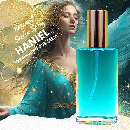 Frau mit goldener Krone und türkis-goldenem Kleid neben türkisfarbenem Seelen Spray Erzengel Haniel – Symbol für Erwachen, Tiefe & Seelenkraft.