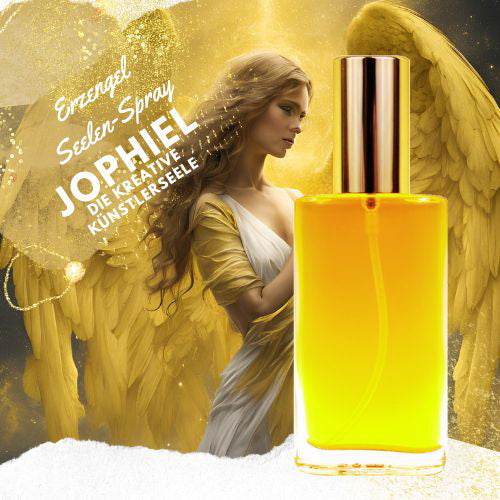 Flasche des gelben Seelen Sprays „Erzengel Jophiel“ mit goldenem Sprühkopf vor einer leuchtenden Engelsfigur in Gelb mit ausgebreiteten Flügeln – Symbol für Kreativität, Flow und Schöpfungskraft.
