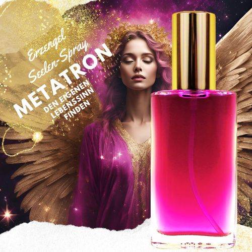 Erzengel Metatron Seelen Spray in kräftigem Magenta-Rot vor einer goldenen Engelsfigur. Text: „Den eigenen Lebenssinn finden“. Spirituell, transformierend, kraftvoll.