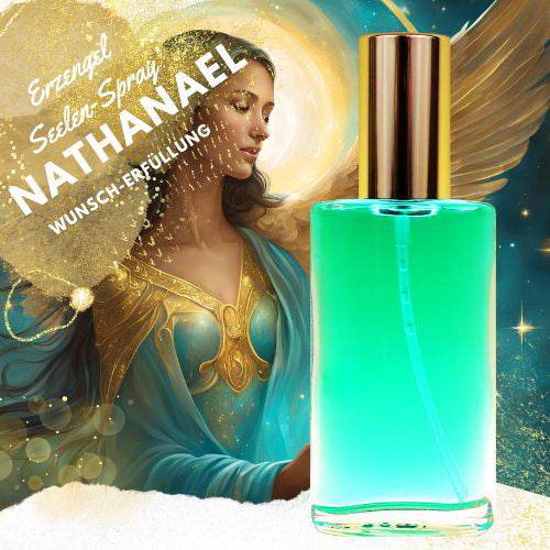 Goldene Engelsfrau in türkis-goldenem Kleid mit leuchtender Aura und türkisfarbenem Seelen Spray – Erzengel Nathanael: Wunsch-Erfüllung & Intuition stärken.