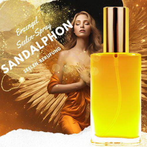 Frau in goldenem Kleid mit Flügeln hält die Hand aufs Herz – daneben goldgelbes Erzengel Sandalphon Seelen Spray mit dem Titel „Seelen-Berufung“