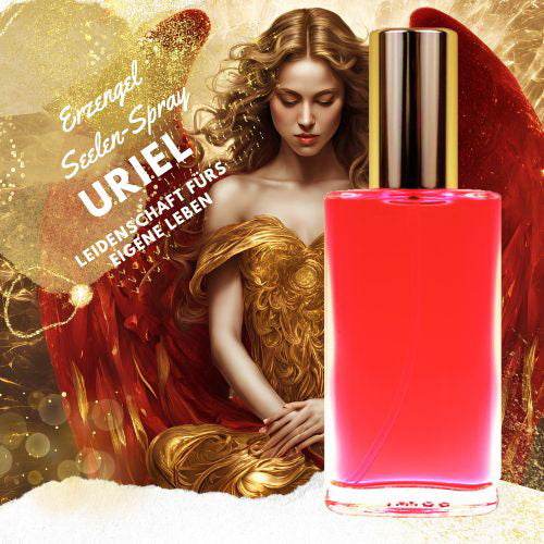Frau mit golden-roten Engelsflügeln in rotem Kleid, neben einer leuchtend roten Sprayflasche – Erzengel Seelen Spray Uriel für Leidenschaft & Schöpfungskraft.