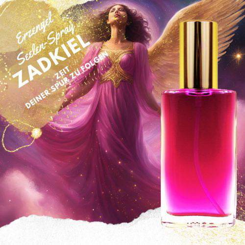 Violettes Erzengel Zadkiel Seelen Spray vor einem gold-violetten Engel mit ausgebreiteten Flügeln – Symbol für Befreiung, Klarheit und spirituelle Stärke.
