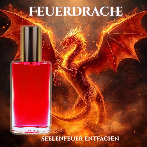 Mystisches Produktbild mit rotem Feuerdrachen, der aus Flammen aufsteigt – Symbol für innere Stärke und Mut.
