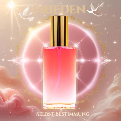 Seelen Spray Frieden in einer eleganten Glasflasche mit goldfarbener Verschlusskappe und sanft rosafarbener Füllung – energetisches Aura-Spray zur Förderung von innerem Frieden, emotionaler Heilung und liebevoller Herzensruhe.