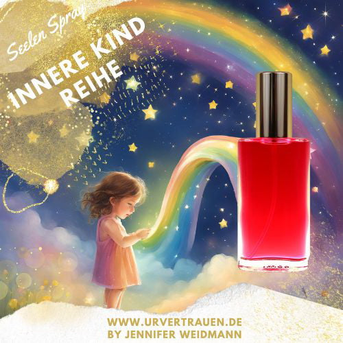 Kategoriebild für die Innere Kind Reihe mit einem gemalten Bild von einem kleinen Kind im Regenbogen im Vordergrund das Seelen Spray Feuerdrache in rot