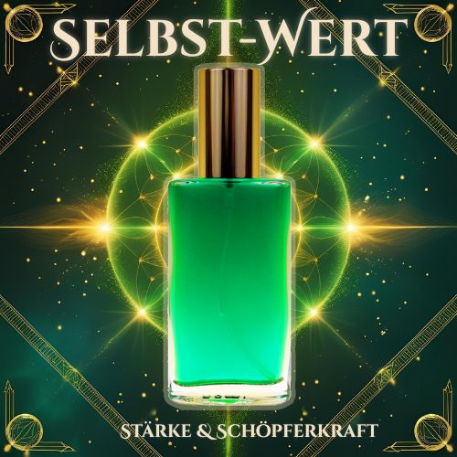 Seelen Spray Kraft in einer eleganten Glasflasche mit goldfarbenem Verschluss und leuchtend grün-türkiser Füllung – energetisierendes Aura-Spray zur Aktivierung von innerer Stärke, Willenskraft und Lebensenergie.