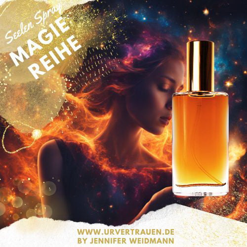 Kategoriebild für die Magie Reihe im Hintergrund eine Frau in Flammen im Vordergrund das Seelen Spray Phoenix in braun