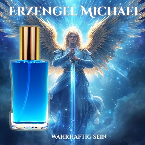 Schützende Engelsgestalt Erzengel Michael mit leuchtenden Flügeln und einem Schwert aus Licht, umgeben von einer mystischen blauen Aura mit goldenen Akzenten – Symbol für göttlichen Schutz, Mut und innere Klarheit.