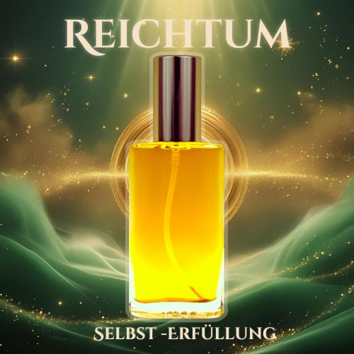 Das Seelen Spray Reichtum – Selbst-Erfüllung in einem goldgelben Flakon, umgeben von mystischem Licht und grünen Energien. Aktiviert Füllebewusstsein und innere Schöpferkraft.