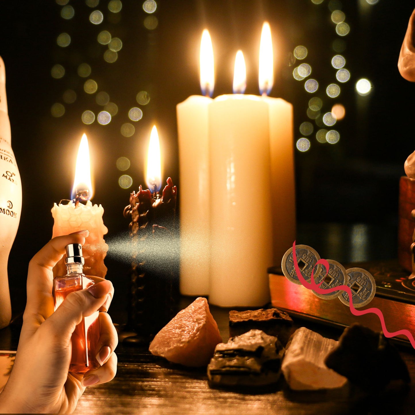 Anwendungsfoto Ritualset Reichtum & Erfüllung mit Seelen Spray, Hand sprüht spirituelles Spray, Kerzen, Kristalle und chinesische Glücksmünzen, Premium Ritual