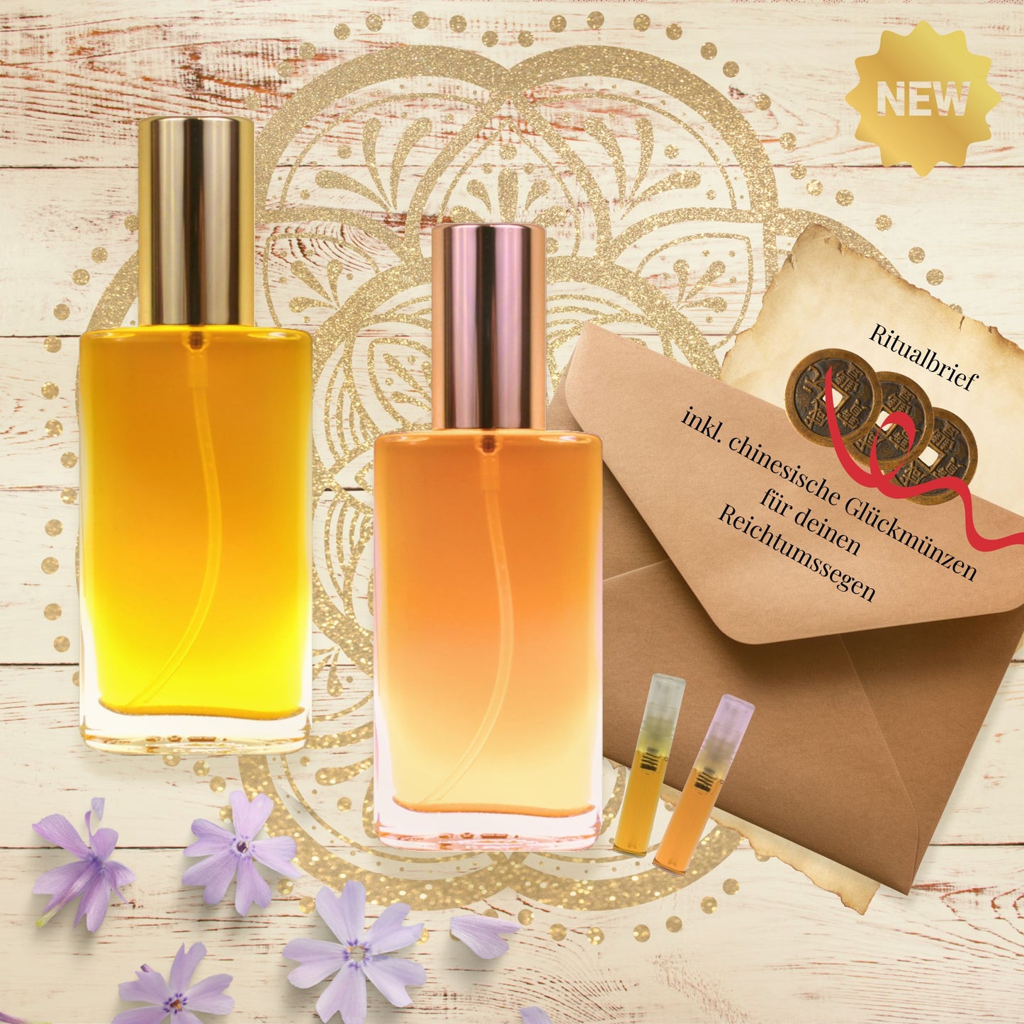 Produktfoto Ritualset Reichtum & Fülle mit Seelen Sprays, Ritualbrief, chinesischen Glücksmünzen, goldener Mandala-Hintergrund, Premium spirituelles Geschenkset Urvertrauen