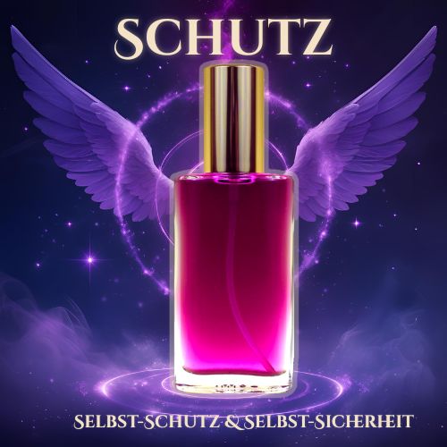 Seelen Spray Schutz in einer goldverschlossenen Glasflasche mit kraftvoller magentafarbener Füllung – energetisches Aura-Spray zur Stärkung des inneren Schutzes, Spiritualität und Geborgenheit.