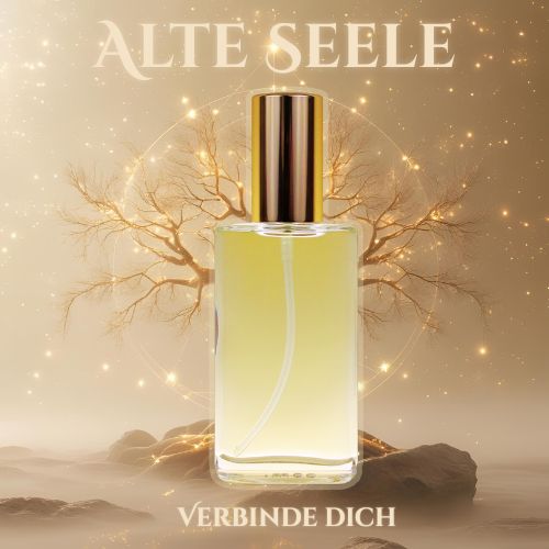 Produktbild des Seelen Sprays „Alte Seele“ mit klarem Inhalt und goldener Verschlusskappe – Symbol für Seelenalter, Erinnerung und spirituelle Tiefe.