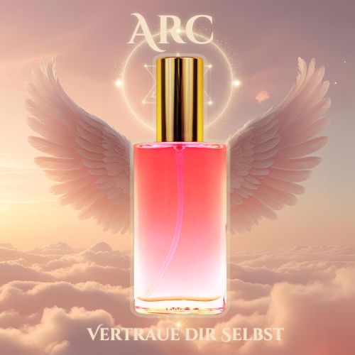 Produktbild des Seelen Sprays „Arc“ mit zart rosé-orangefarbener Flüssigkeit und goldener Verschlusskappe – Symbol für Engelverbindung, Lichtführung und Seelenkraft.