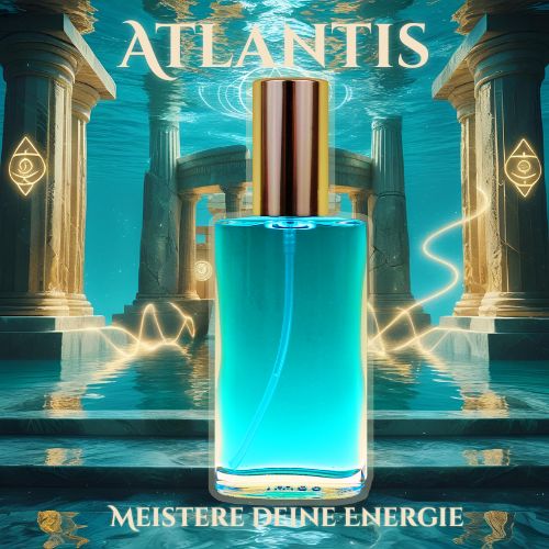 Produktbild des Seelen Sprays „Atlantis“ mit hellblauem Inhalt und goldener Verschlusskappe – Symbol für energetische Klarheit, Heilkraft und spirituelle Verantwortung.