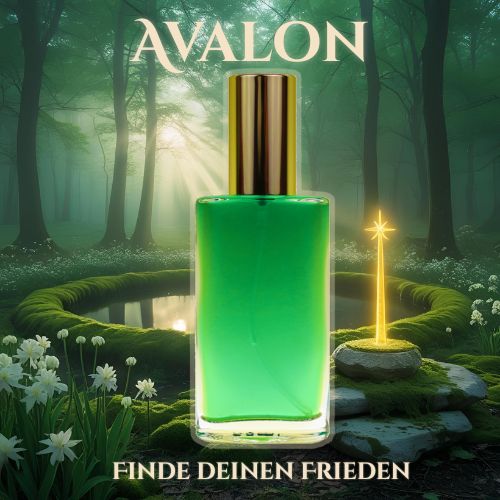 Produktbild des Seelen Sprays „Avalon“ mit türkis-grünem Inhalt und goldener Verschlusskappe – Symbol für Balance, Frieden und sanfte Magie.