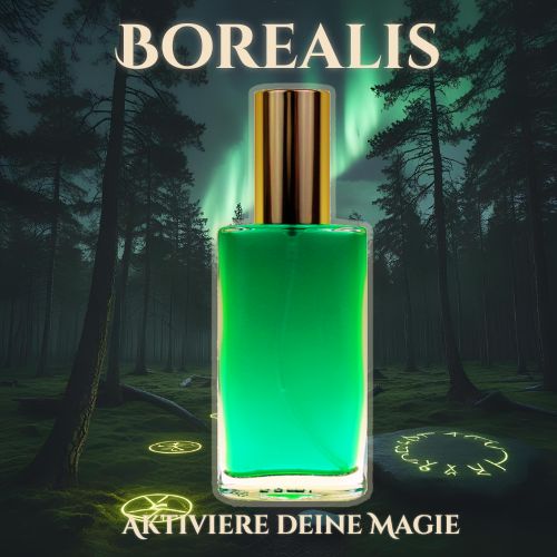 Produktbild des Seelen Sprays „Borealis“ mit kräftig grünem Inhalt und goldener Verschlusskappe – Symbol für Naturverbundenheit, Runenkraft und spirituelles Gleichgewicht.