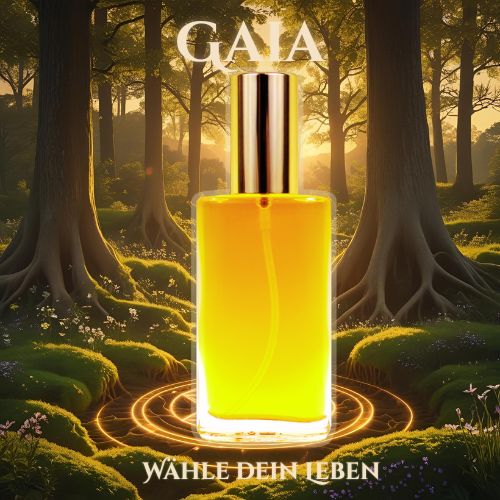 Produktbild des Seelen Sprays „Gaia“ mit sonnengelber Flüssigkeit und goldener Verschlusskappe – Symbol für Erdung, Dankbarkeit und schöpferische Lebenskraft.