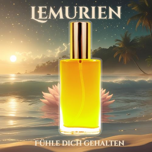 Produktbild des Seelen Sprays „Lemurien“ mit goldgelber Flüssigkeit und goldener Verschlusskappe, vor hellem Hintergrund – Symbol für Herzöffnung, Sanftheit und spirituelle Rückverbindung zur lemurischen Urheimat.