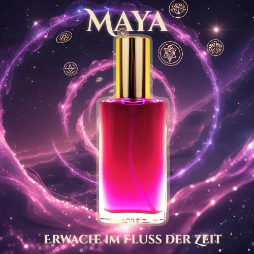 Produktbild des Seelen Sprays „Maya“ mit magentafarbener Flüssigkeit und goldener Verschlusskappe – Symbol für Zeitfluss, Portale und kosmischen Seelenrhythmus.