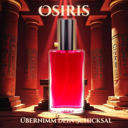 Produktbild des Seelen Sprays „Osiris“ mit tiefroter Flüssigkeit und goldener Verschlusskappe – Symbol für Einweihung, Seelenprüfung und spirituelle Verantwortung.