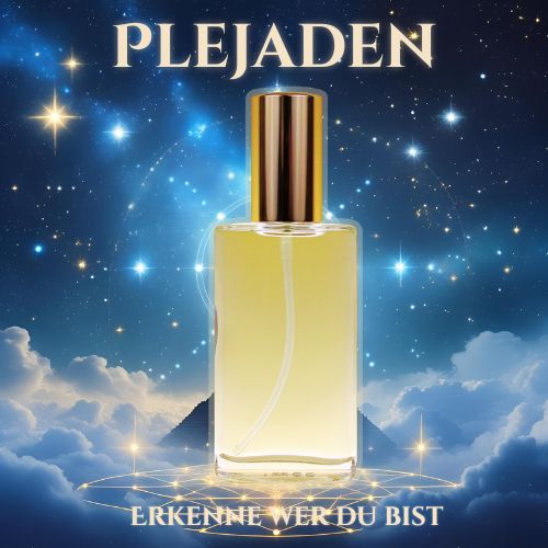 Produktbild des Seelen Sprays „Plejaden“ mit lichtweißem Inhalt und goldener Verschlusskappe – Symbol für kosmische Klarheit, Heimkehr und spirituelles Erwachen.