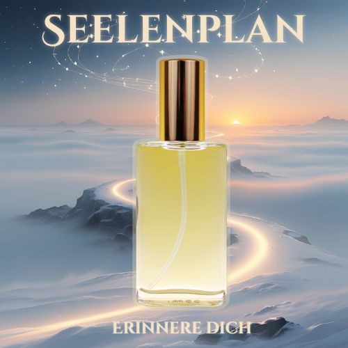Produktbild des Seelen Sprays „Seelenplan“ mit milchig-weißem Inhalt und goldener Verschlusskappe, vor einem lichtvollen, mystischen Hintergrund mit sanfter Spirale und spirituellen Symbolen – Symbol für Klarheit, Berufung und innere Ausrichtung.